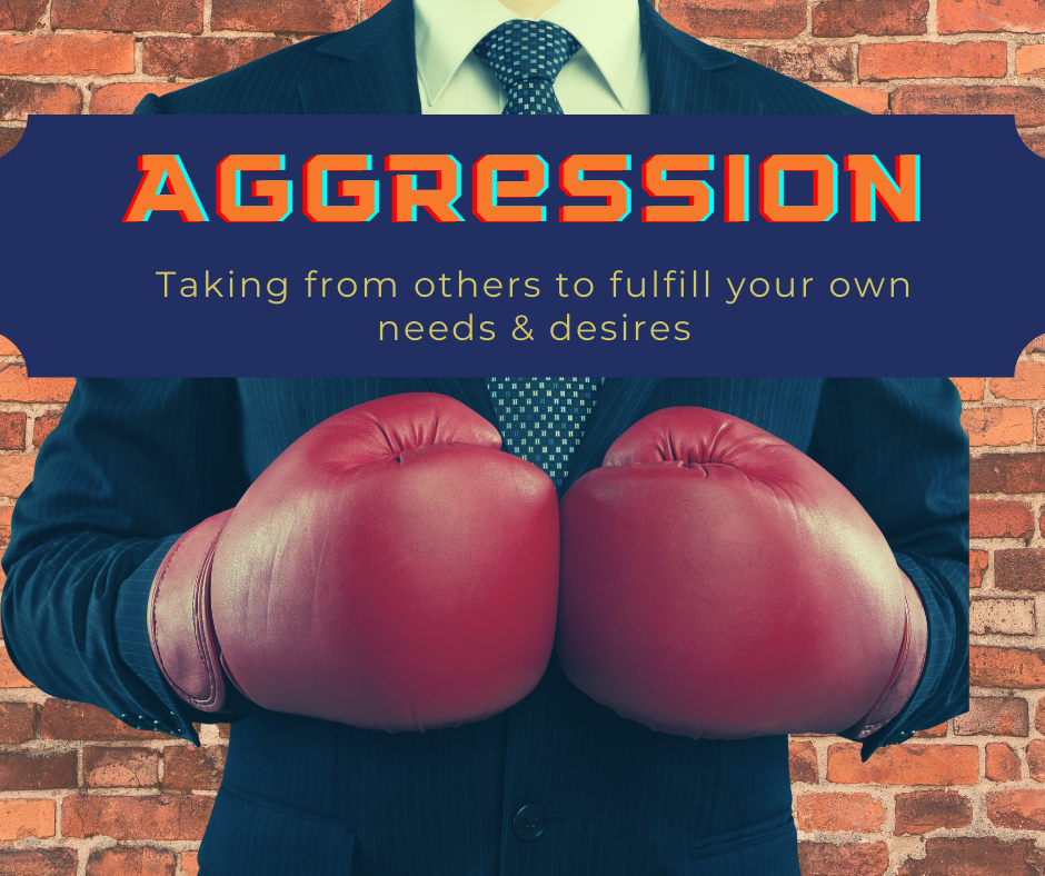  (General photo of person in business suit with boxing gloves on with blue bar caption that reads "Aggression: Taking from others to fulfill your own needs & desires") 